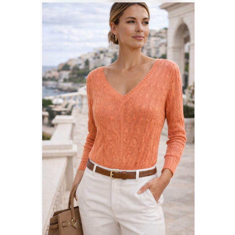 Ralph Lauren Black Label Silk V-Neck Knit Sweater Salmon Coral Medium